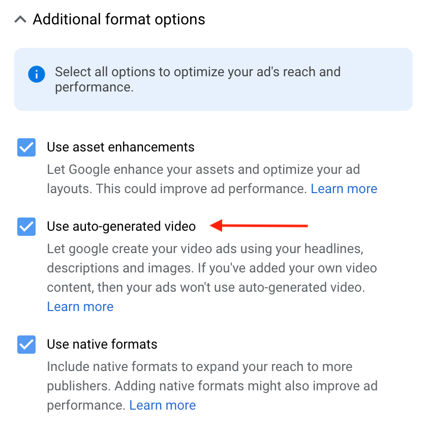 Auto-Generated Video Ads Check Box