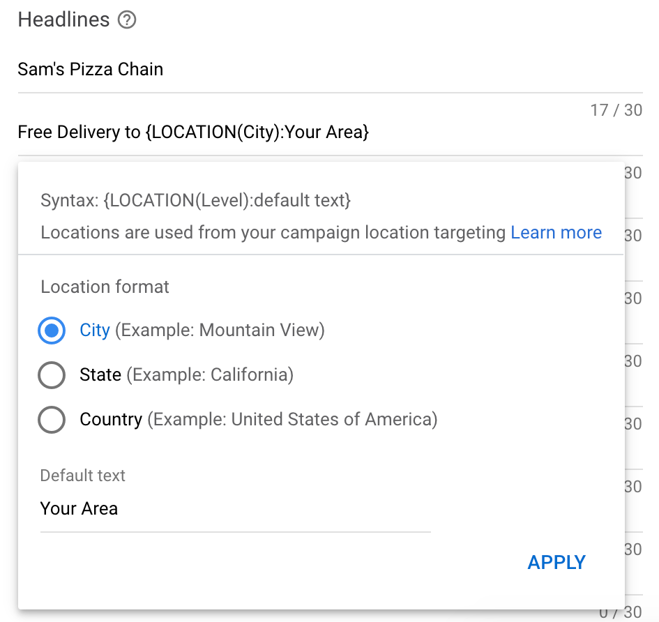 location insertion dropdown