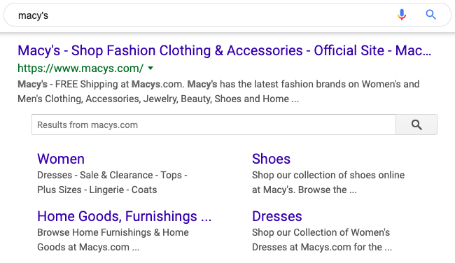 Site Links for Macy's Google Search