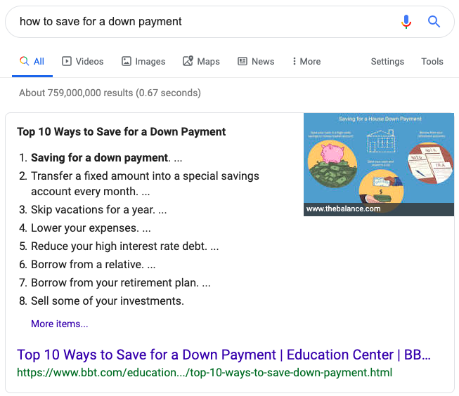 Featured Snippet - How To Save For A Down Payment