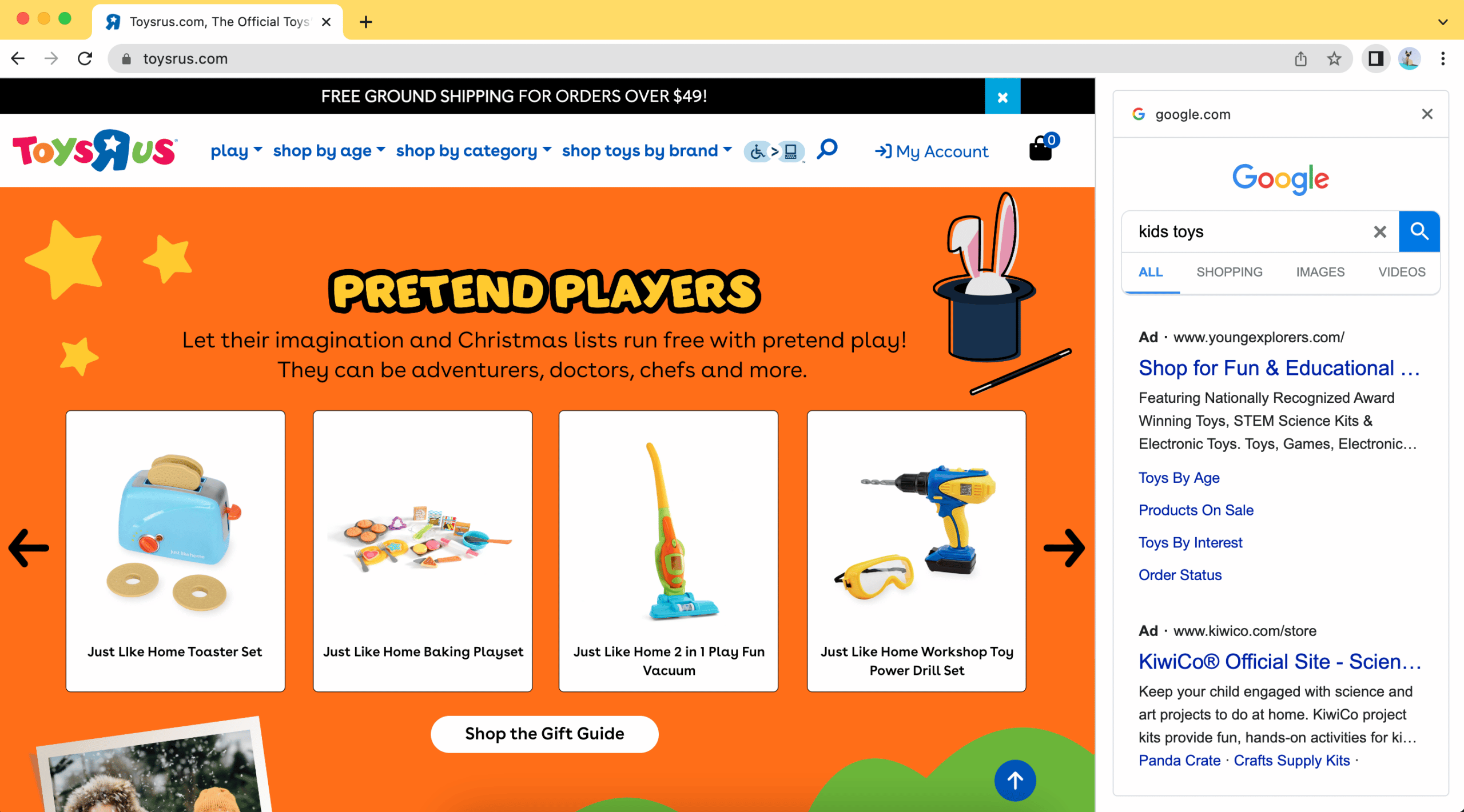 Google's side panel SERP showing a search for "kids toys" while on the Toys R Us website