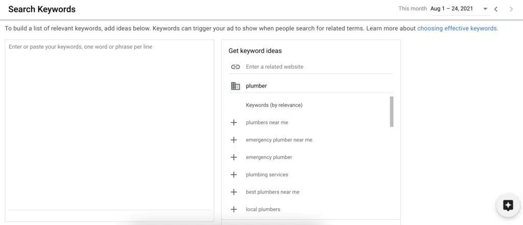 Keyword ideas example Google Ads